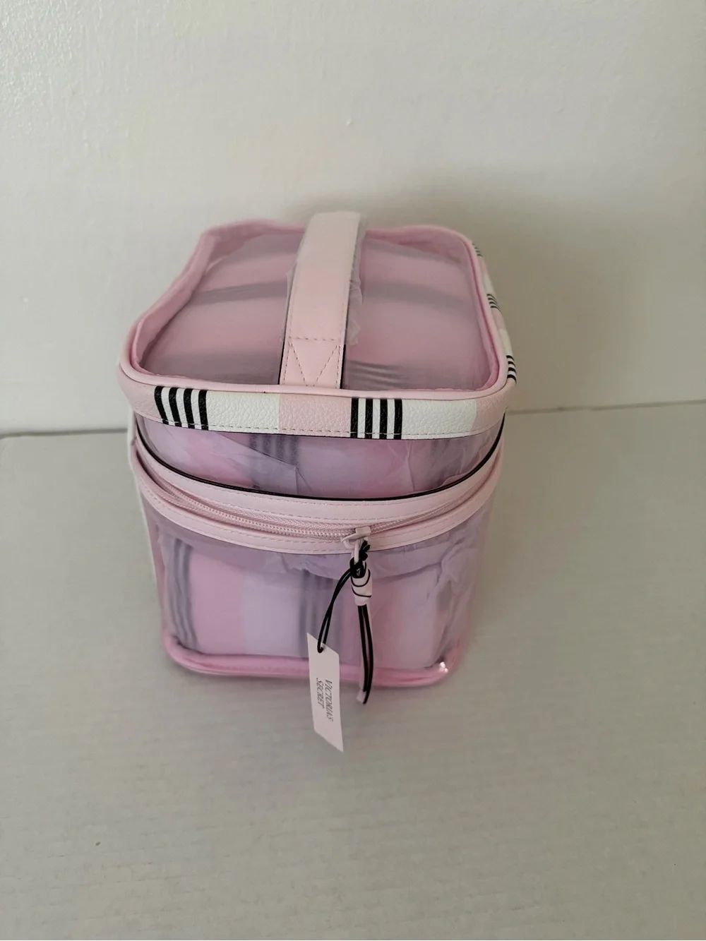 Victoria's Secret 4-piece Makeup Bag Train Case Iconic Pink Heritage Striped NWT